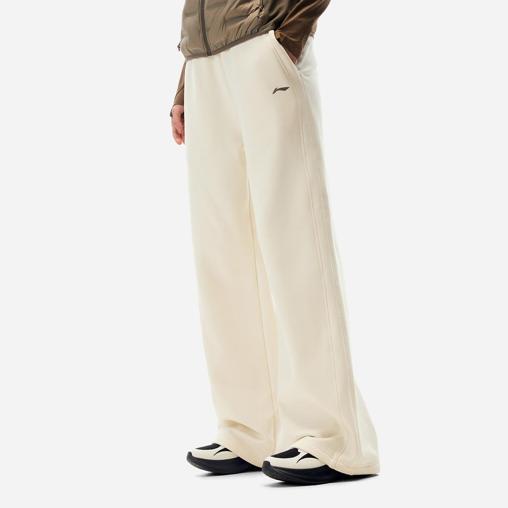 Li Ning Fitness Series Warm Fleece Fashion Wide Leg Mid Waist Casual Knitted Sports Pants Women Pants AKLV972-5