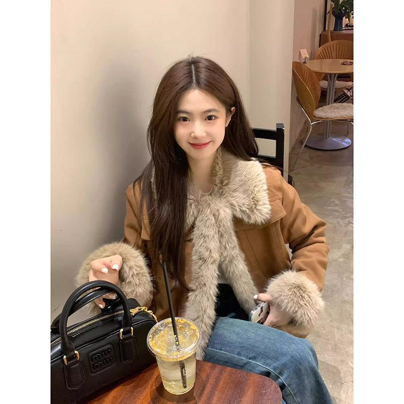 Maillard Women's Retro Brown Fur Coat, Winter 2025 Short Denim Cotton-Padded Jacket