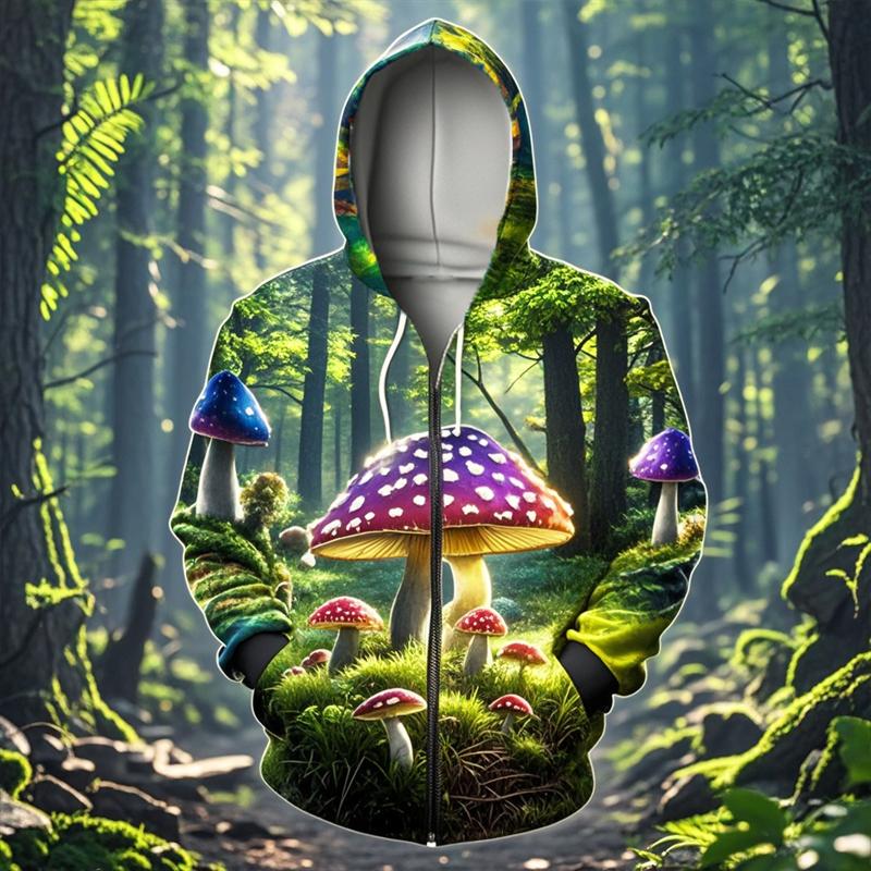 Sweat à capuche zippé impression 3D champignon Unisexe Mode décontractée Sweat à capuche Sweat-shirt de survêtement surdimensionné Vêtement