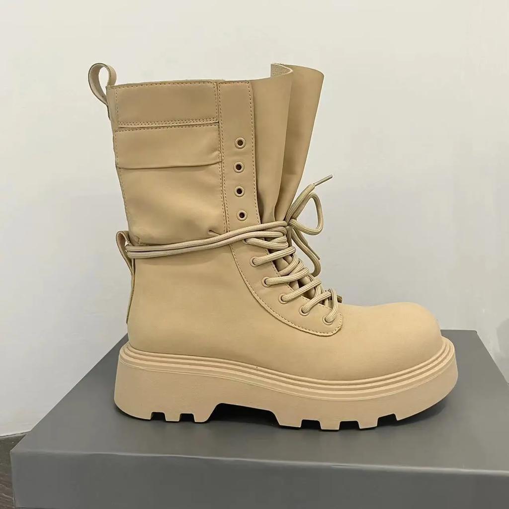 Fashion New Mid Calf Boots Women Autumn Winter Fashion Lace-up Ladies Chelsea Zipper Botas Mujer Boots Sports Platform Heel Ladies Shoes