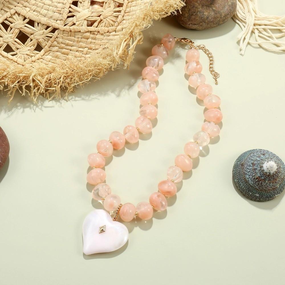 Colorful Beads Chunky Beads Necklace Heart-shaped Collarbone Chain Pendant Necklace Jewelry Gifts