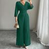 Damen Jumpsuit mit langen Ärmeln, Falten und weitem Bein, V-Ausschnitt und hoher Taille für elegante Alltagsmode