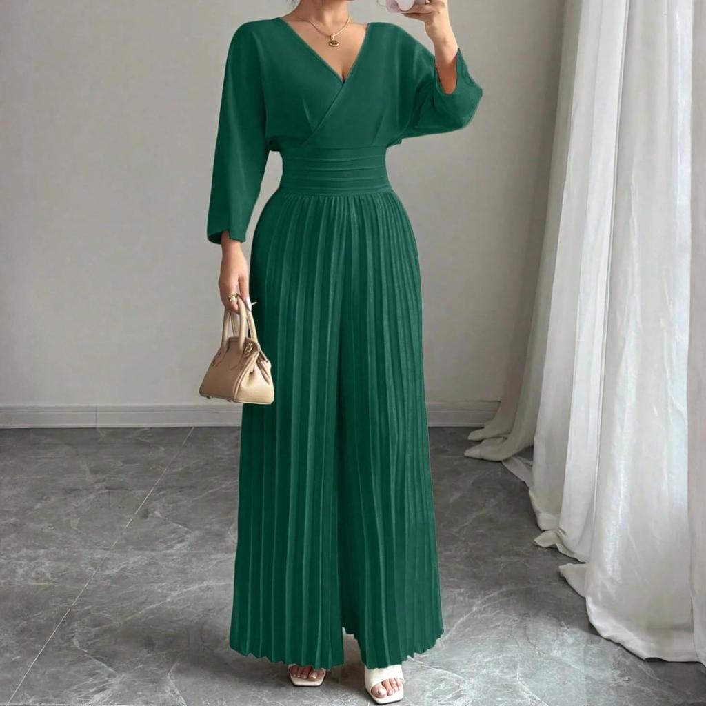 Damen Jumpsuit mit langen Ärmeln, Falten und weitem Bein, V-Ausschnitt und hoher Taille für elegante Alltagsmode