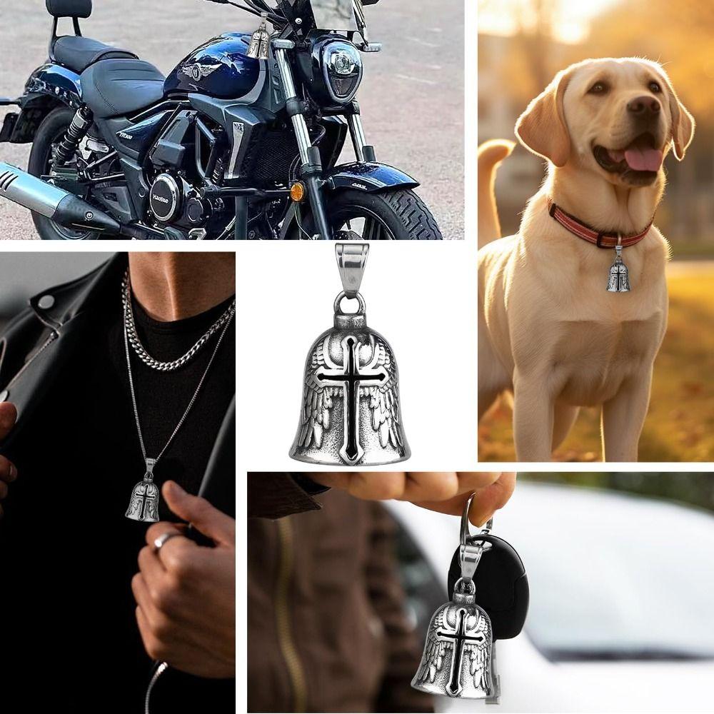 Retro Motorcycle Guardian Bell 3D Design Evil Spirit Trap Bell Vintage Cross Pendant Bell  Men