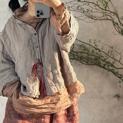 Damen Vintage Kapuzenhemden Einfarbig Patchwork Taschen Frühling Chinesischer Stil Knopf Weiche Blusen