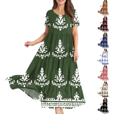 Kadın Yaz Yuvarlak Yaka Kısa Kollu Çiçek Baskılı Boho Bol Elbiseler