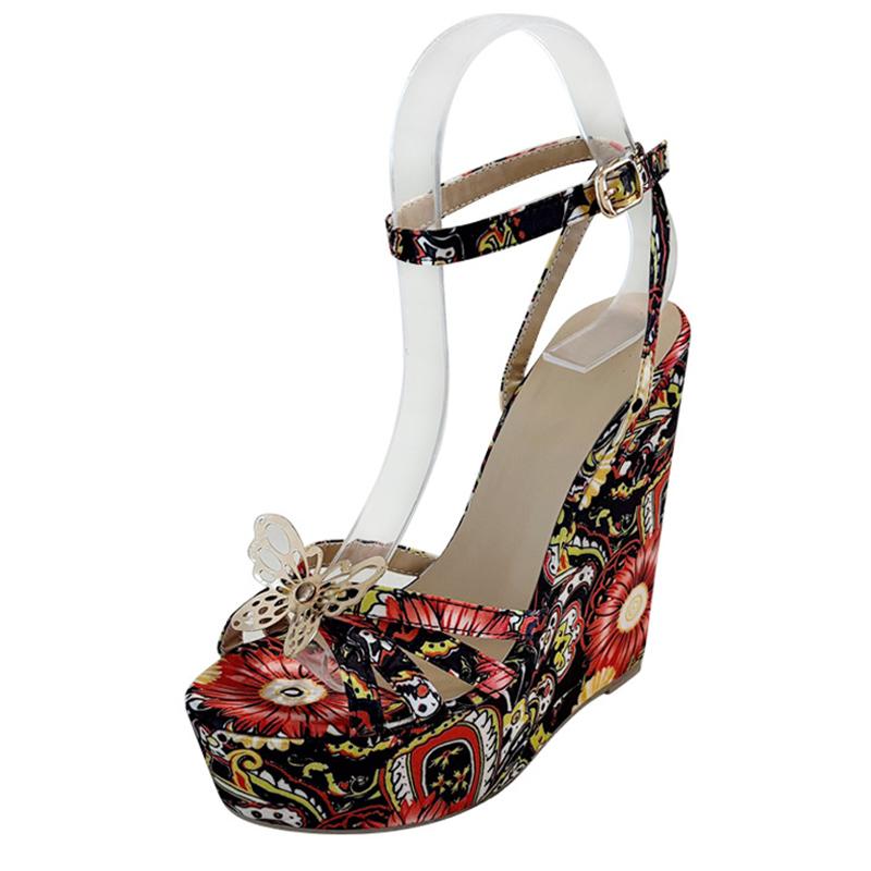 

Liyke Модный дизайн Металлические бабочки Открытые носки Босоножки на танкетке для женщин Цветы Ткань Платформа Высокий каблук Летние туфли для вечеринок 38