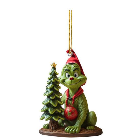 Green Elf Christmas Tree Ornament 2D Flat Acrylic Car Rear Mirror Charm Cartoon Elf Christmas Tree Hanging Pendant for Holiday Tree Window Wall Decor