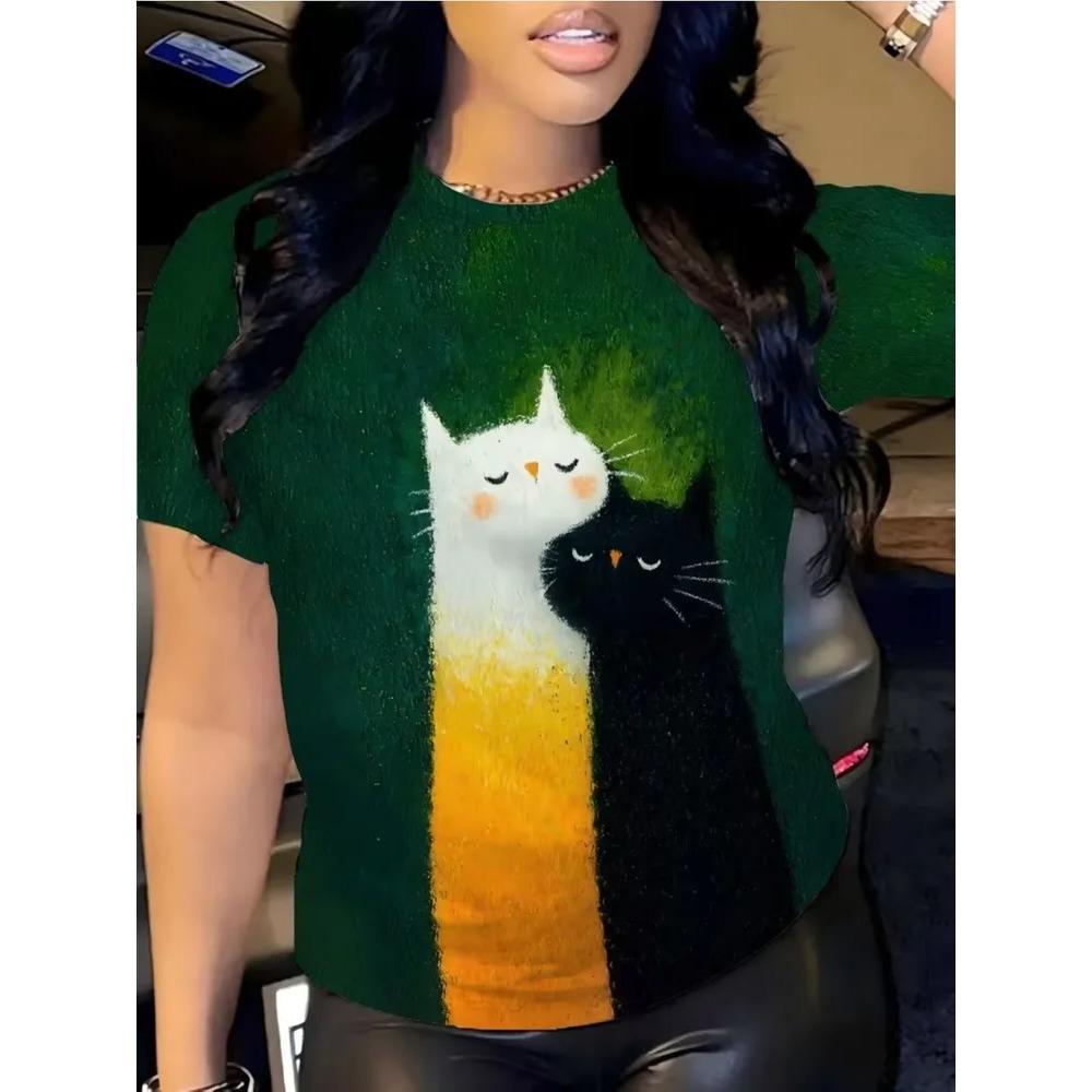 Animals Fun 3D Printed Short Sleeved T-shirt Fashionable Comfortable Soft Breathable Large Loose Summer Womens T-shirt