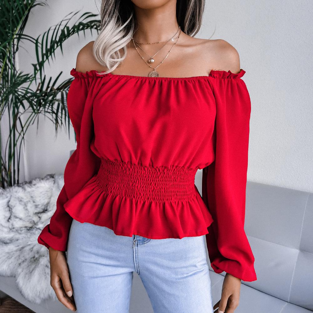 DAFIFY Women's Fashion Casual Solid Color Print Fall Winter Long Sleeve One Shoulder Pullovers & Long Sleeves
