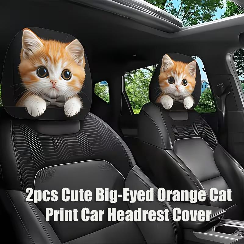 2-Piece Cute Orange Cat Print Car Headrest Covers, Car Interior Accessories, Soft And Comfortable, Easy To Install And Remove