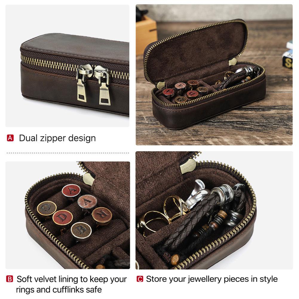 Vintage Genuine Leather Portable Cufflinks or Jewellery Storage Box Travel Jewelry Case with Zipper Jewelry Display Organizer