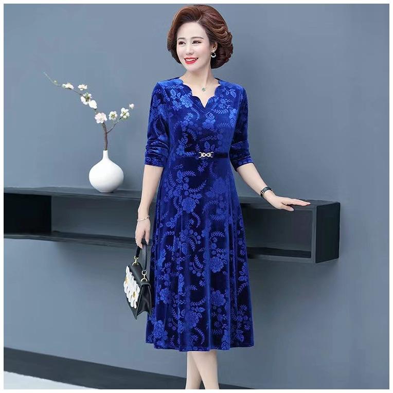 Women's Autumn Long-Sleeved Elegant Dress Mid-Waist V-Neck A-Line Skirt
