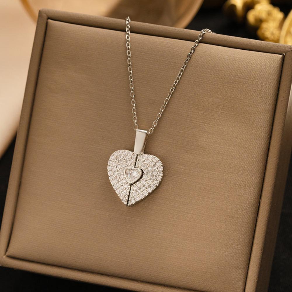 Trendy Titanium Steel Heart Pendant Necklace for Women Elegant Open Close Love Shape Collarbone Chain Jewelry