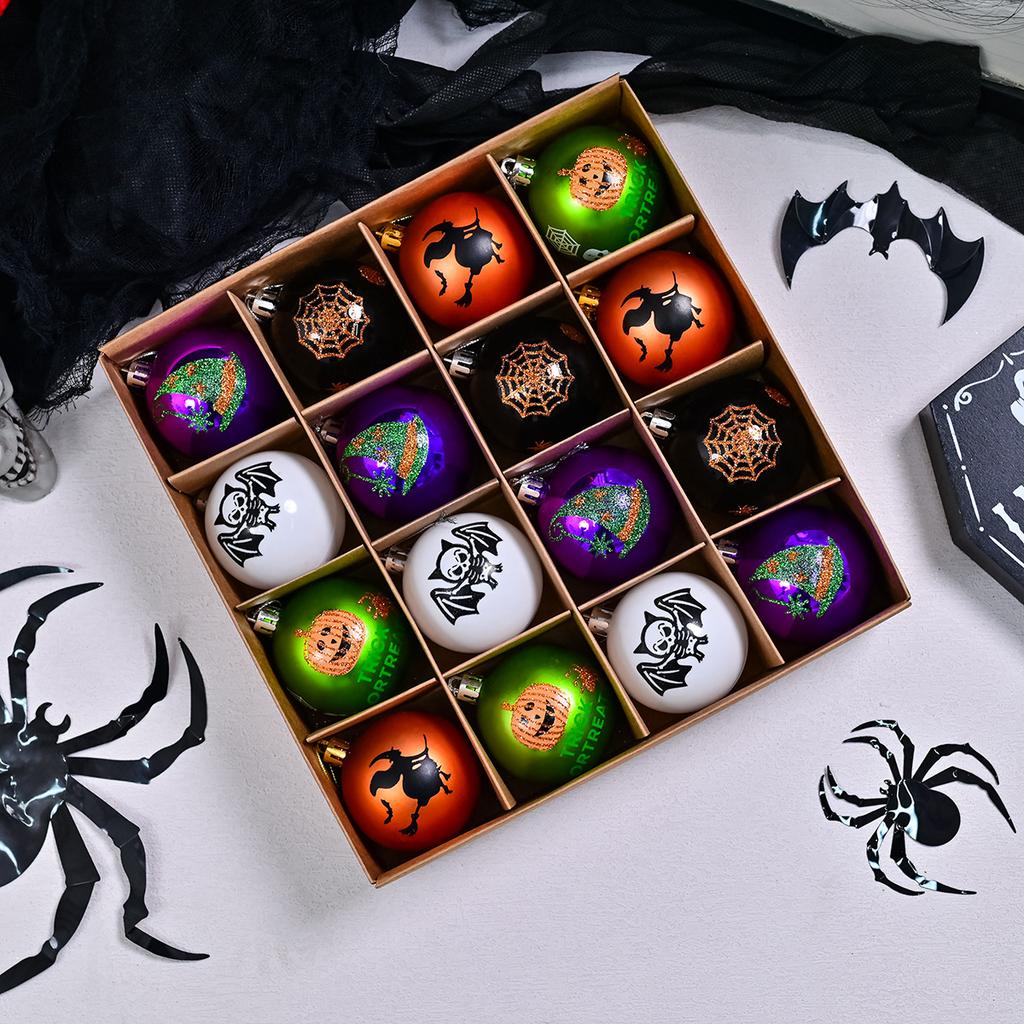 Halloween 6Cm 16Pcs Glow-In-The-Dark Painted Electroplated Spooky Balls Dark Skeleton Pumpkin Decoration Set Tree Hanging Party
