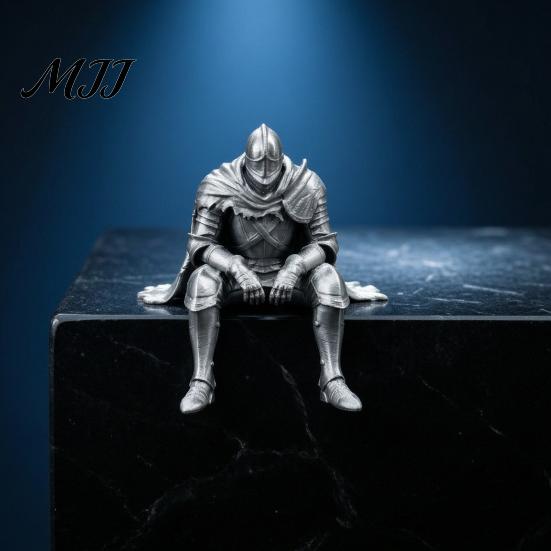 Collectible Gaming Room Accessory 3D Printed Resting Knight Figurine, Edge Sitting Dark Fantasy Retro Silver Home Decor Statue, Medieval Armored