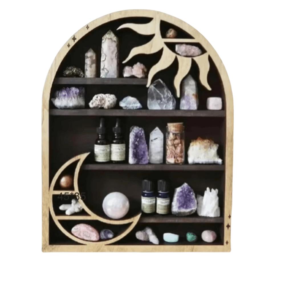 Wooden Material Wood Storage Shelf Crescent Sun Design Bohemian Style Crystal Shelf Moon Design Vintage Style Display Rack