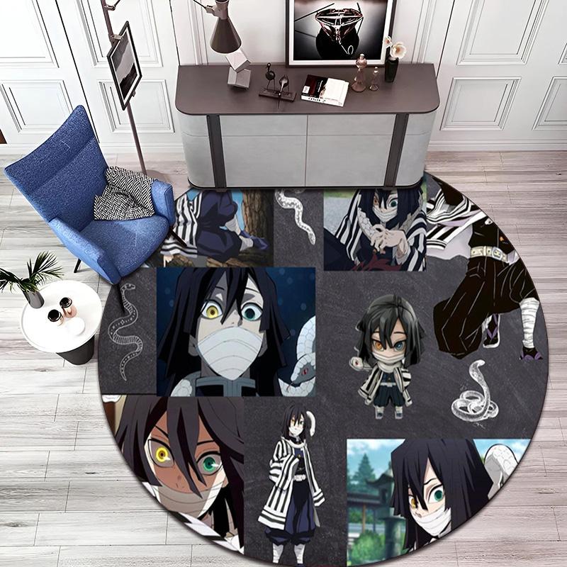 Classic Japanese-style Cartoon Demon Slayer Round Rug, Home Soft Decorative Anti-slip Yoga Mat and Chair Mat, Outdoor Floor Mat Carpet K24