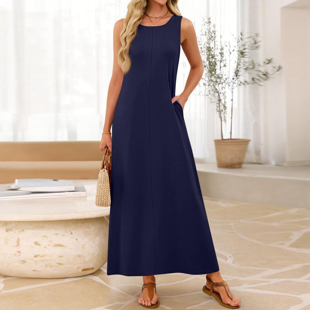 Damen Ärmelloses Lässiges Lockeres Langes Maxikleid Rundhalsausschnitt Basic Stil Strandurlaub Sommerkleid mit Dehnbarem Stoff