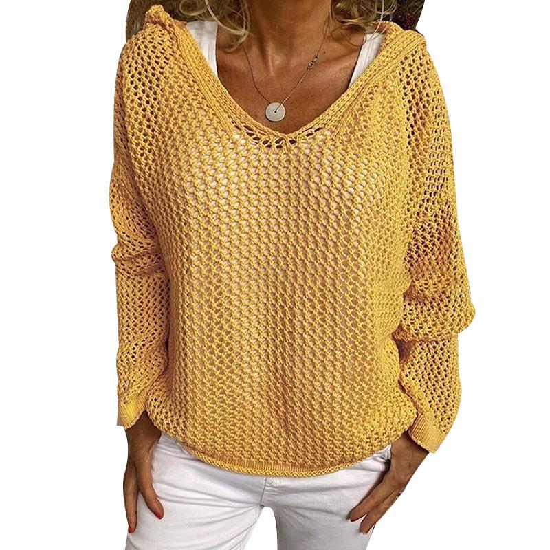 Women's Light Gray Hooded Knitted Sweater with Hollow Weave V Neck, Multiple Colors