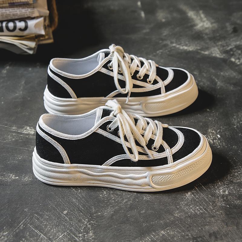 2 autumn and winter new big head canvas shoes women's casual lace-up trendy shoes retro Hong Kong flavor flat baseplate shoes 50