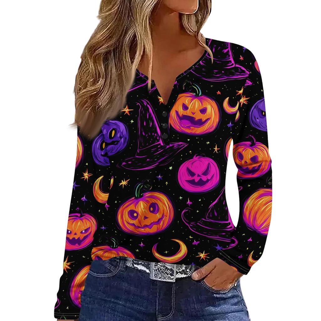 Women's Halloween Print V-Neck Long Sleeve T-Shirt with Button for Casual Holiday Wear