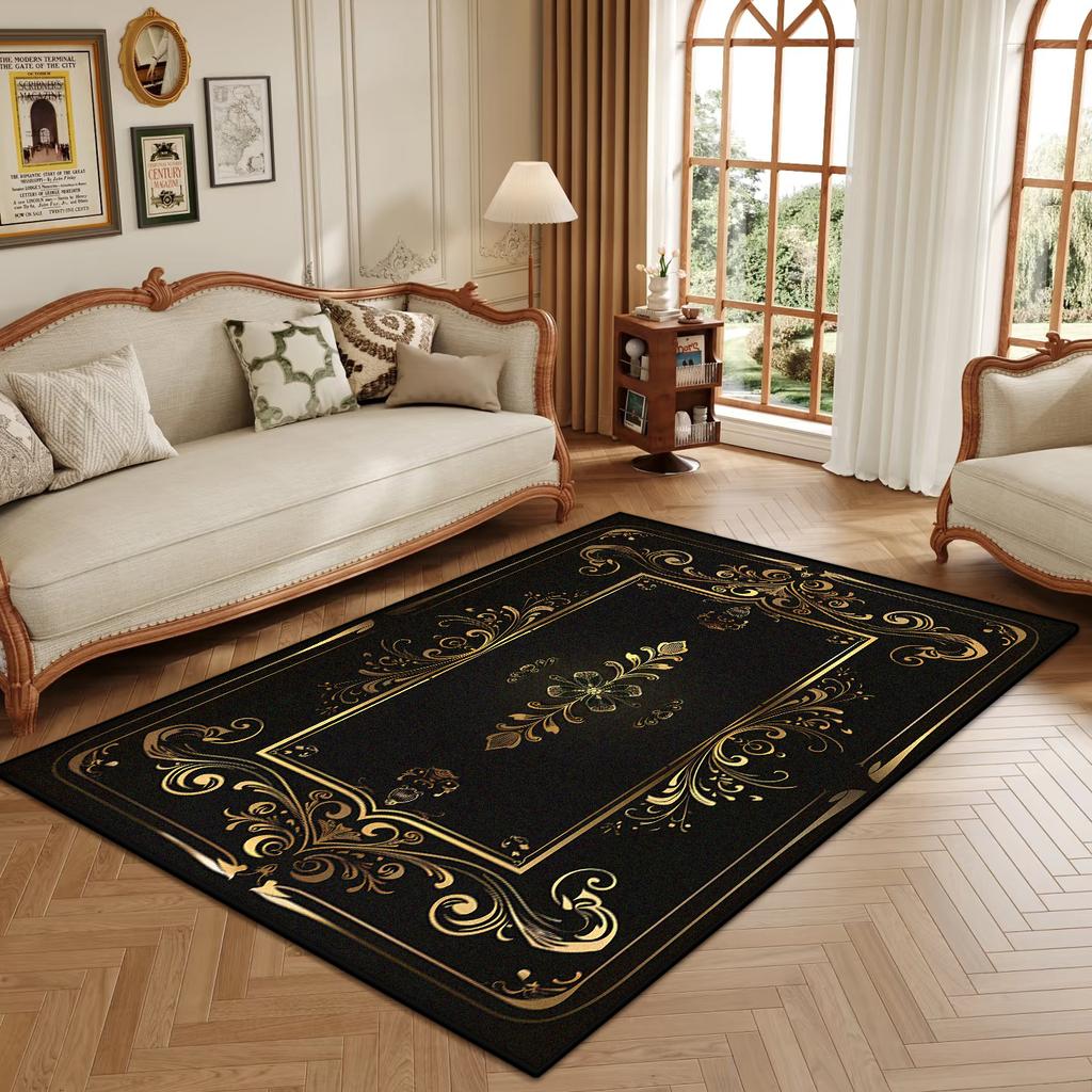 Retro Luxury Golden Border Carpet Living Room Black Non-slip Big Size Decoration Bedroom Rug Soft Easy Clean Entrance Door Mat
