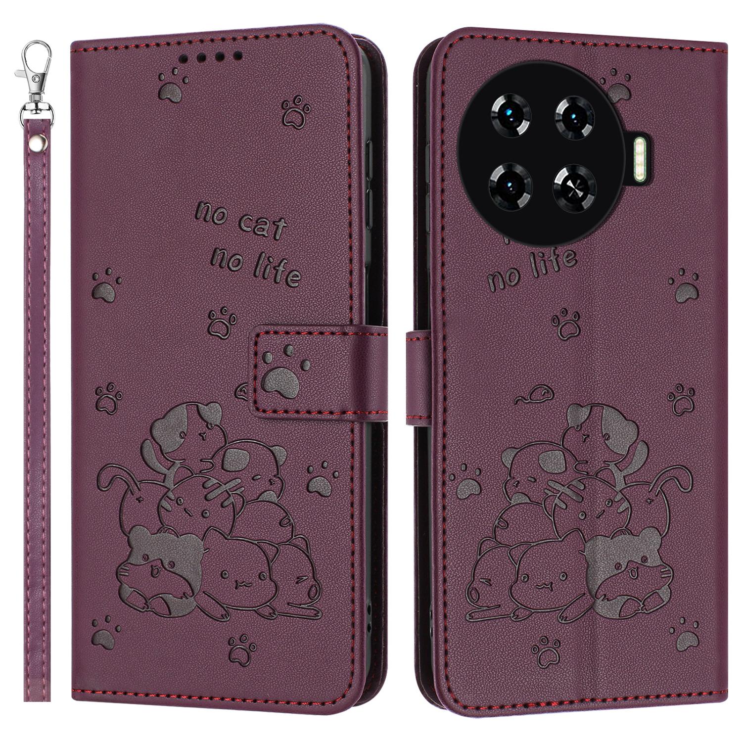 

For TECNO Spark 20 Pro+ Case with Strap Cats Imprint Leather Wallet Phone Cover F