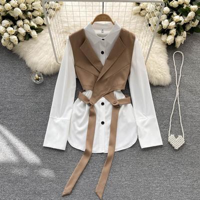 High-end Two-piece Suit, Women's Autumn Fashion, Foreign Style, Fashionable Stacking, Short Vest Top, White Long-sleeved Shirt