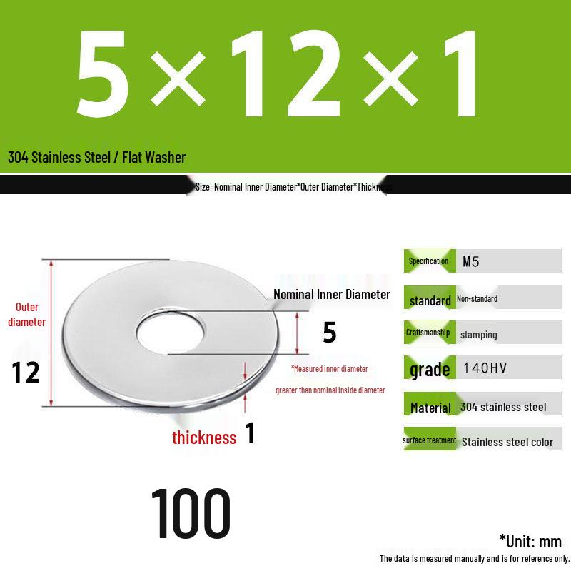 304 Stainless Steel Thickened Flat Washer Set, Sizes 2-36