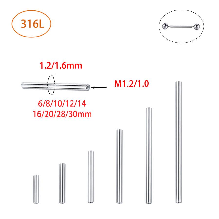 Aço Inoxidável 316L Rosca Interna Barra Reta Joia de Piercing para Orelha, Ponte, Língua e Cartilagem (1.2/1.6mm Espesso)