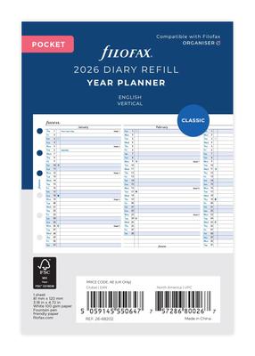 Filofax 2026 Small Vertical Year Planner Refill, January Start, White, 26-68202, Officially Imported
