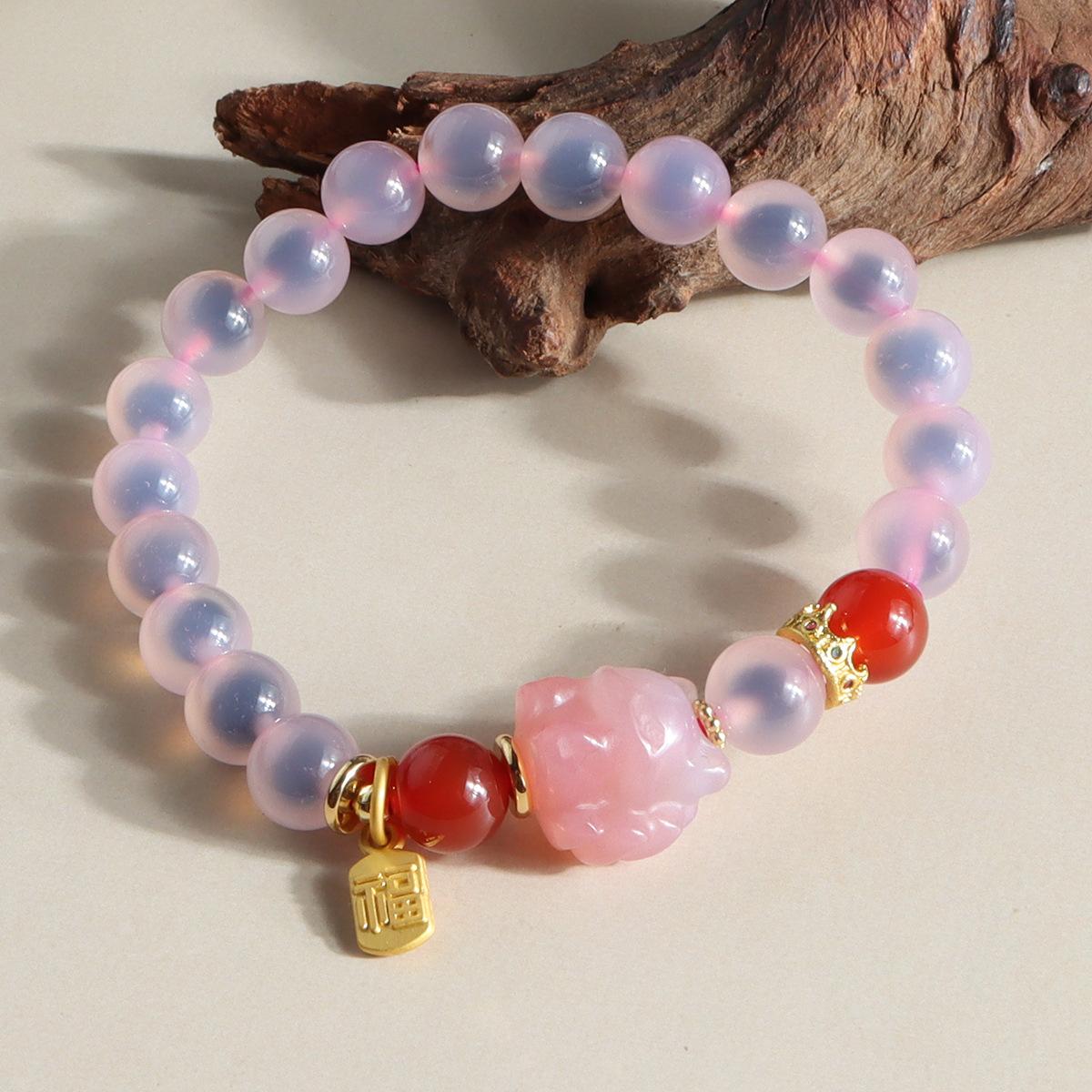 Natural sugar heart agate powder, white single ring bracelet, cat claw Nafu bear, Guochao gift batch