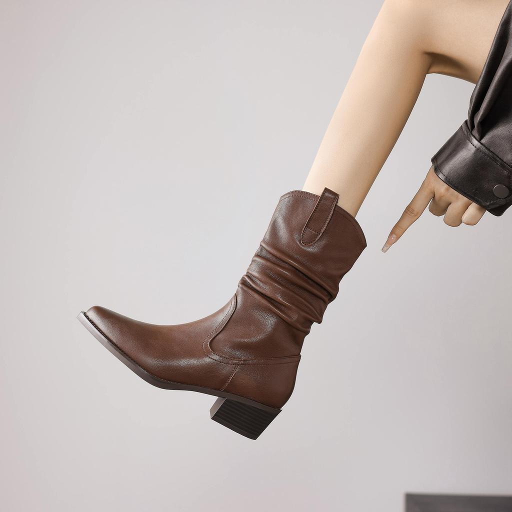 Krazing Pot Genuine Leather Autumn Winter Shoes Med Heels Size 41 Western Boots Pointed Toe Slip on Ankle Boots