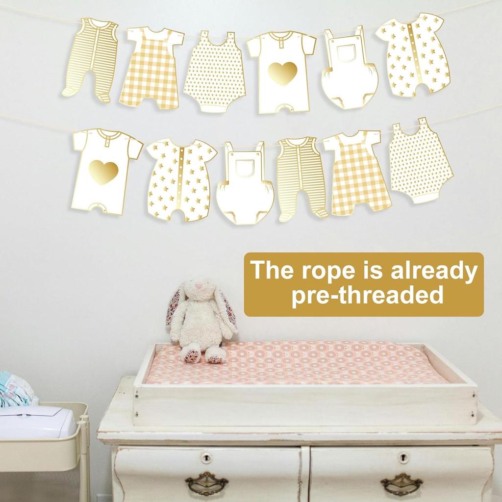 2pcs Neutral Gold Baby Shower Paper Garland, Pre-Assembled Baby Boy Banner Baby Girl Sign Gender Reveal Decorations Various Baby Clothes Banner for
