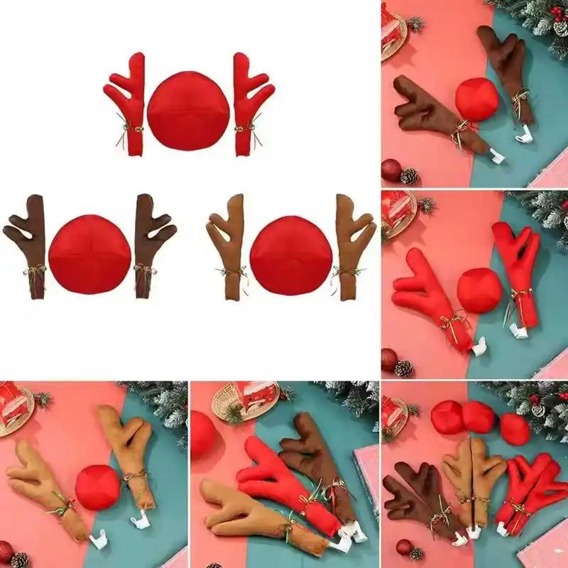 Christmas Car Decoration Antlers Red Nose Set Reindeer Decoration Vehicle Red Nose Elk Horn Decor Set Christmas Ornament New