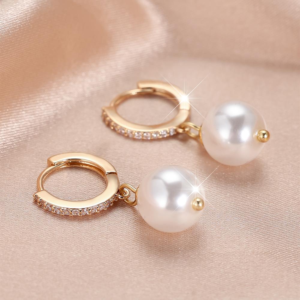 1 Pair Shiny Gold Color Zircon Imitation Pearl Drop Earrings For Women Wedding Daily Wear Fine Jewelry