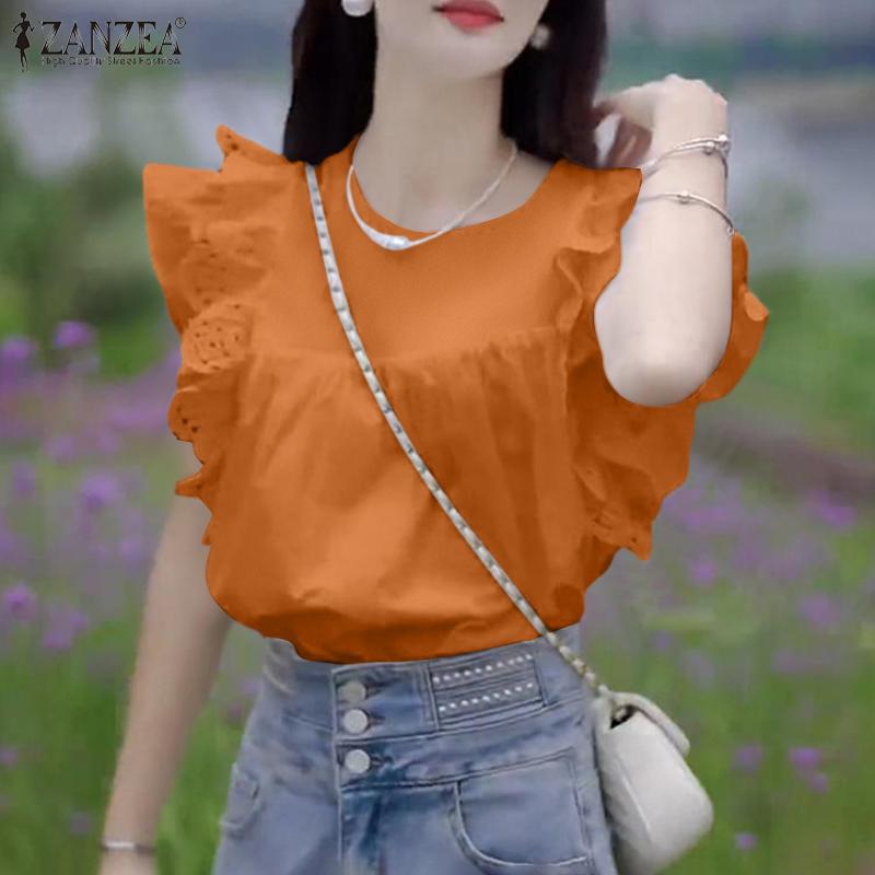 ZANZEA Women Summer Round Neck Layered Ruffle Short Sleeve Lace Blouses