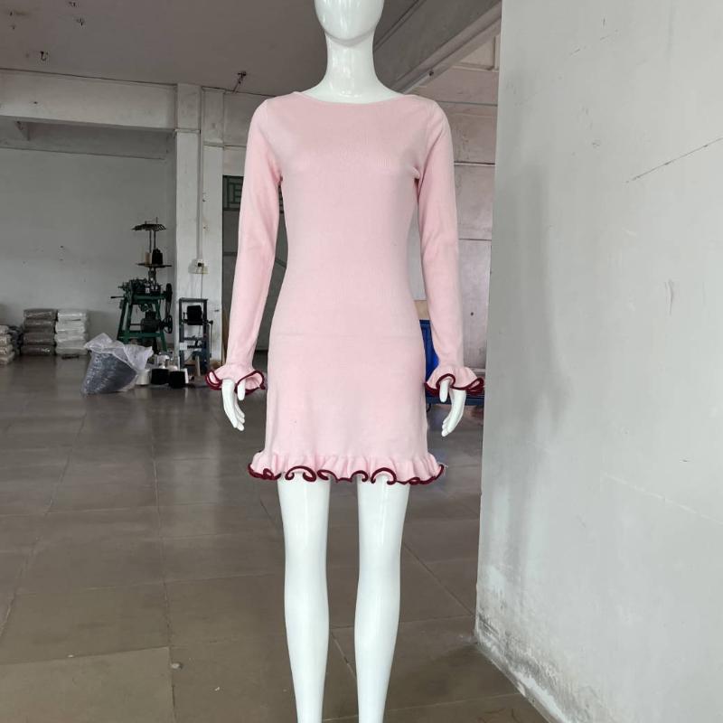 Knitted Mini Dress For Women Fungus Contrast Color Slim Sweater Dress Elegant Female Party Clothes Long Sleeve Spring New Dress