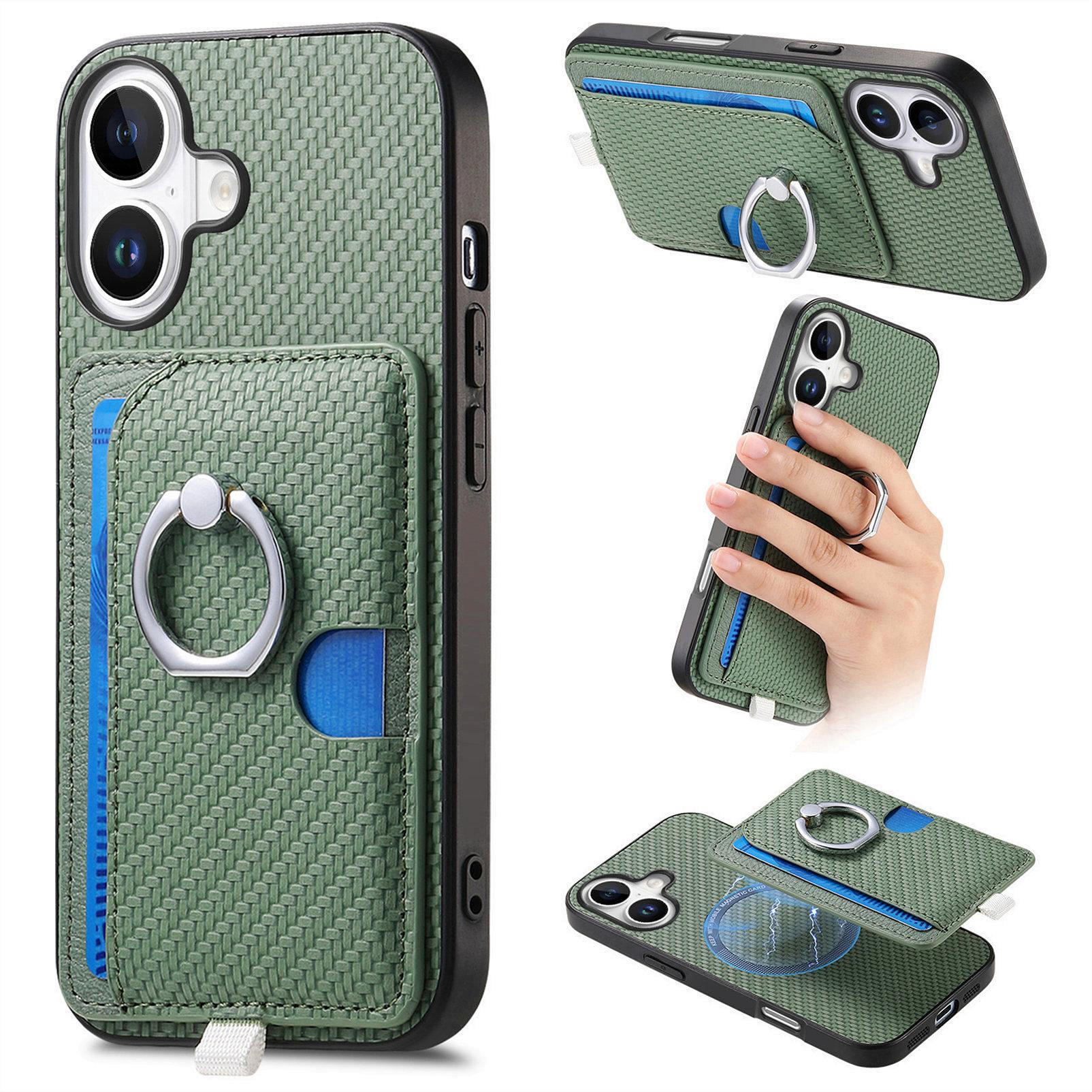 

For iPhone 16e Case Ring Kickstand Leather Back Cover with Magnetic Detachable Card Holder Green