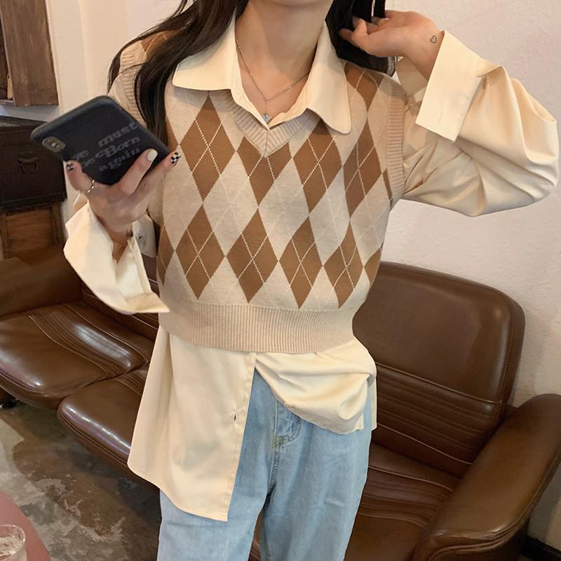 Women's 2023 Argyle V-Neck Layered Knit Vest for Spring & Autumn