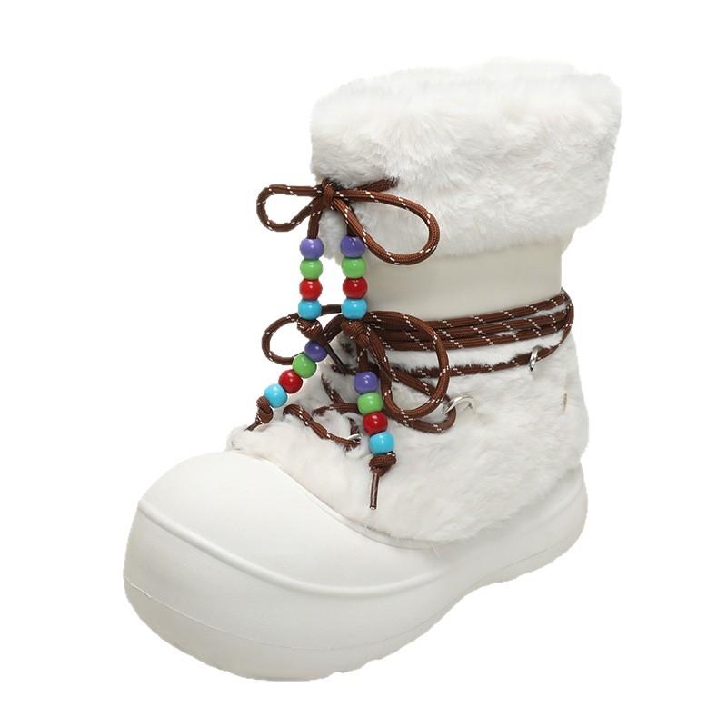 Snow boots women's 2025 new winter star same medium boots, plush warm lace-up big head fluffy boots