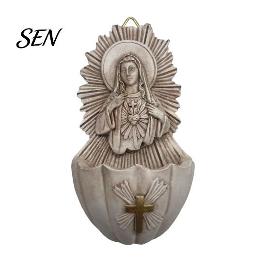 Religious Theme Decorations Sacred Heart of Mary Holy Water Font, Vintage Resin Church Soft Furnishings Basin Wall Hanging, Catholic Decor Ornament