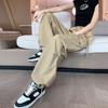 Summer ice silk quick-dry cargo pants for women, loose high-waisted drawstring jogger hiking pants, American harem sweatpants trendy for women