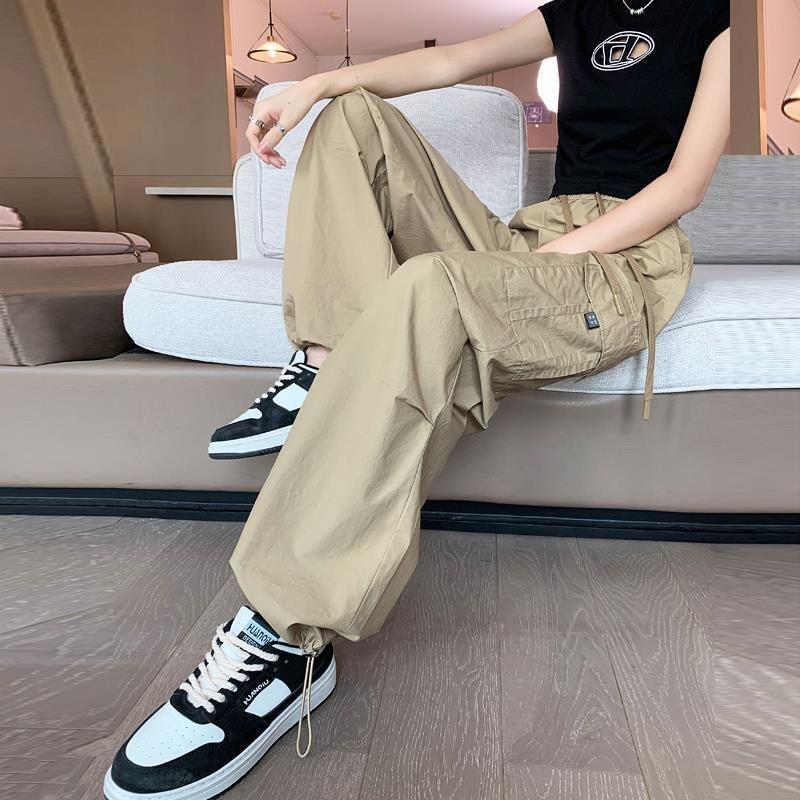 Summer ice silk quick-dry cargo pants for women, loose high-waisted drawstring jogger hiking pants, American harem sweatpants trendy for women