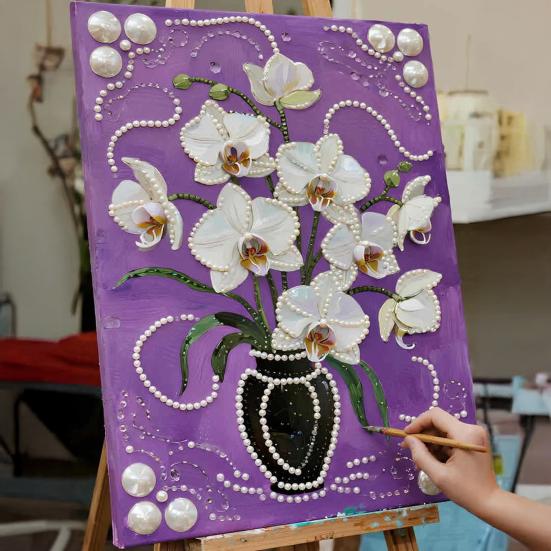 Faux Pearl Painting DIY Kit Easy Intuitive Craft Flower Pattern Painting with Pre-Printed Canvas