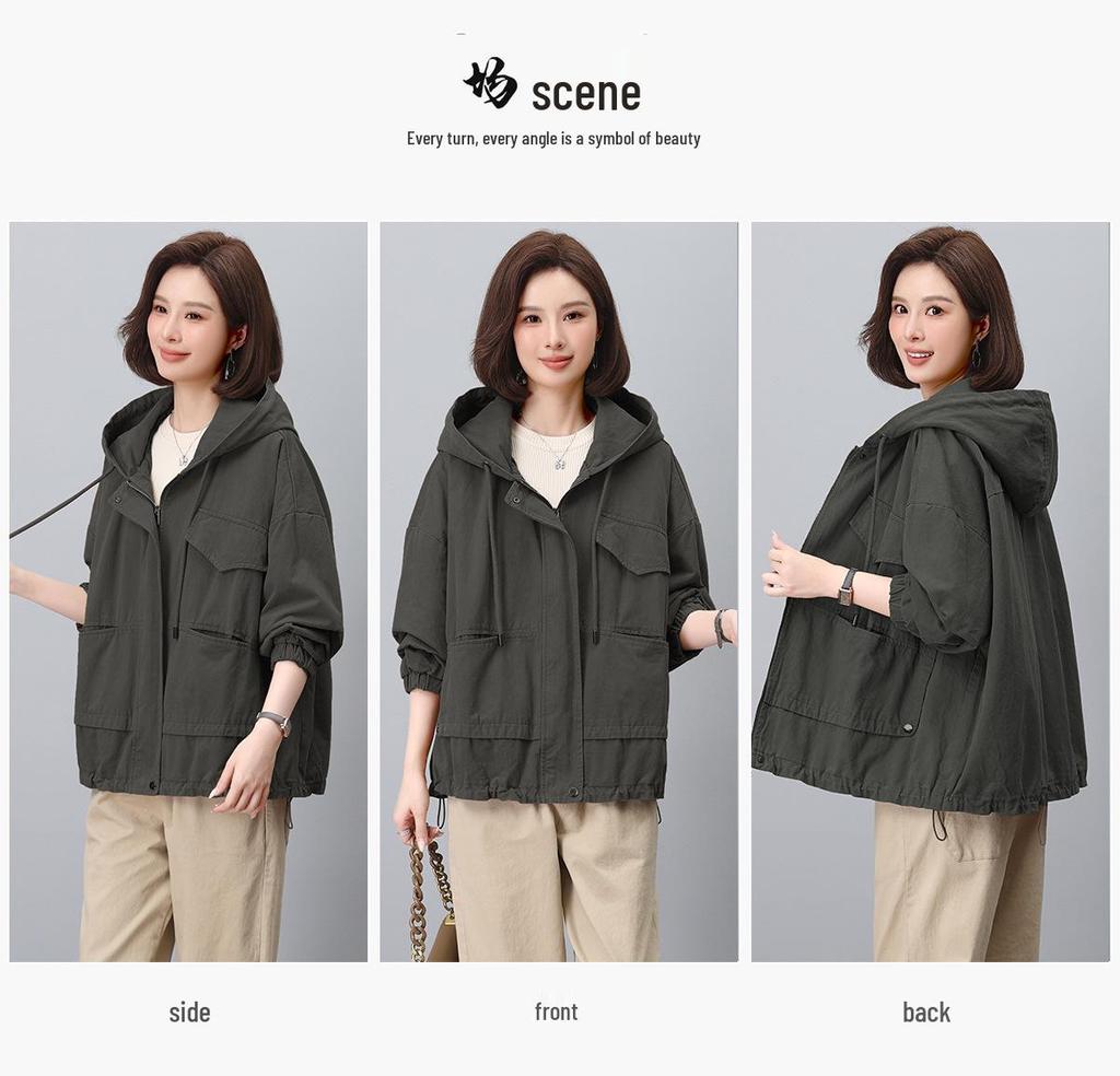 2024 Plus Size Hooded Trench Coat for Women - Loose Fit Spring & Autumn Workwear Jacket