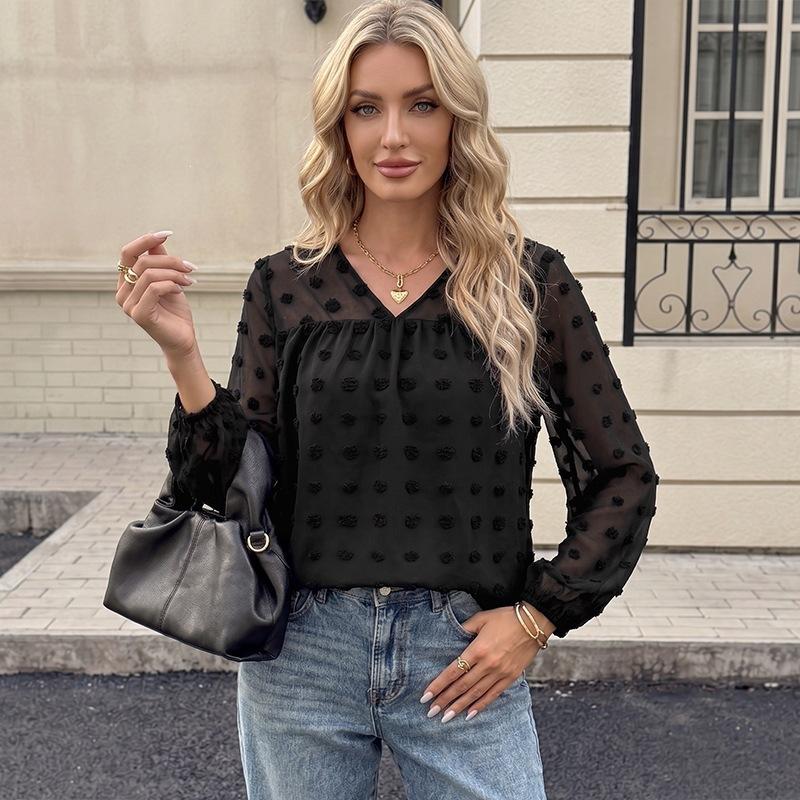 Black V Neck Long Sleeve Pullover Blouse For Women S