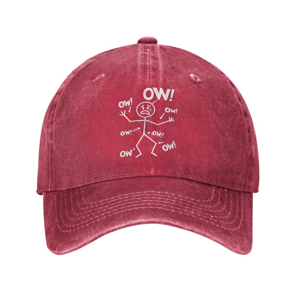 Ow Ow Ow Stick Figure Humor Baseball Caps Retro Distressed Denim Washed Chronic Pain Awareness Snapback Unisex Adjustable Hat
