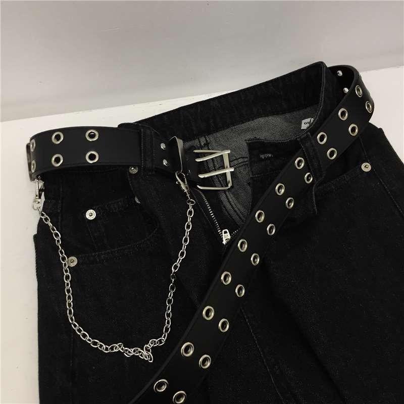 Black Versatile Womens Belt With Stylish Double Buckle And Metal Embellishment Chain